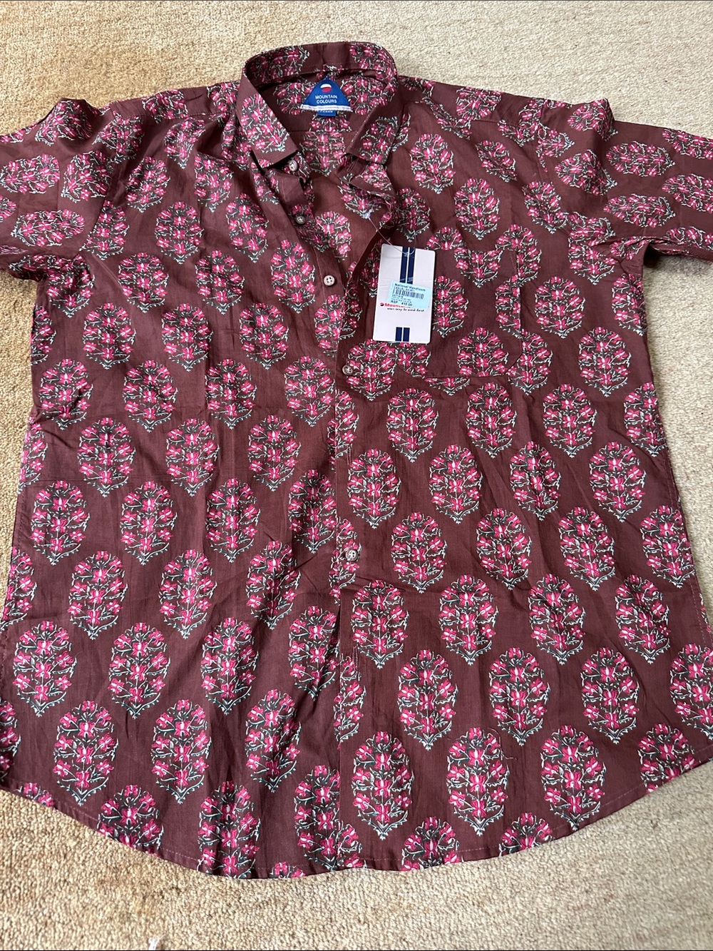 Women’s  size large Short-Sleeve Floral Print Shirt - Brown with Pink Accents